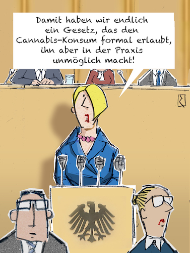 Cartoon: Bundesrat (medium) by Jan Rieckhoff tagged bundesrat,gesetz,cang,gesetzgeber,legislative,haschisch,marihuana,thc,cannabis,konsum,konsument,droge,rauschgift,rauchen,joint,dealer,dealen,handel,schwarzmarkt,verkauf,menge,pflanzen,besitz,aufzucht,anbau,eigenanbau,gebrauch,regelung,legalisierung,legal,offiziell,erlaubt,vorsitzende,manuela,schwesig,beratung,jugend,jugendliche,erwachsene,schutz,risiken,bedenken,einschränkungen,verabschiedung,bundesministerium,für,gesundheit,bmg,witz,cartoon,comic,karikatur,jan,rieckhoff,bundesrat,gesetz,cang,gesetzgeber,legislative,haschisch,marihuana,thc,cannabis,konsum,konsument,droge,rauschgift,rauchen,joint,dealer,dealen,handel,schwarzmarkt,verkauf,menge,pflanzen,besitz,aufzucht,anbau,eigenanbau,gebrauch,regelung,legalisierung,legal,offiziell,erlaubt,vorsitzende,manuela,schwesig,beratung,jugend,jugendliche,erwachsene,schutz,risiken,bedenken,einschränkungen,verabschiedung,bundesministerium,für,gesundheit,bmg,witz,cartoon,comic,karikatur,jan,rieckhoff