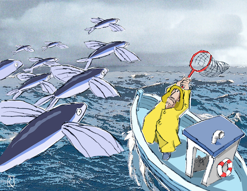 Cartoon: Fliegende Fische (medium) by Jan Rieckhoff tagged fischer,frisch,fisch,frischfisch,fangfrisch,fischfang,fischkopf,fischkopp,fischbrötchen,bratfisch,hamburger,pannfisch,bratpfanne,kutter,wasser,meer,ozean,see,seebär,seemann,seemannsgarn,seegang,wellen,brandung,ostsee,nordsee,norden,nordisch,norddeutsch,norddeutschland,küste,plattdeutsch,friesland,friese,ostfriese,cartoon,karikatur,witz,comic,komik,komisch,humor,jan,rieckhoff,fischer,frisch,fisch,frischfisch,fangfrisch,fischfang,fischkopf,fischkopp,fischbrötchen,bratfisch,hamburger,pannfisch,bratpfanne,kutter,wasser,meer,ozean,see,seebär,seemann,seemannsgarn,seegang,wellen,brandung,ostsee,nordsee,norden,nordisch,norddeutsch,norddeutschland,küste,plattdeutsch,friesland,friese,ostfriese,cartoon,karikatur,witz,comic,komik,komisch,humor,jan,rieckhoff