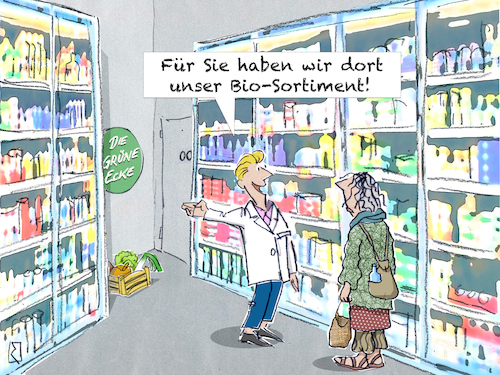 Cartoon: Grüne Ecke (medium) by Jan Rieckhoff tagged bio,gemüse,obst,pflanzen,kost,lebensmittel,ernährung,ökologisch,öko,anbau,vegetarisch,vegan,veganer,vegetarier,nachhaltig,umwelt,bewusst,umweltschonend,klima,bilanz,neutral,co2,fußabdruck,essen,speise,nahrung,achtsam,spirituell,überzeugt,überzeugung,konsequent,natürlich,pestizid,frei,supermarkt,einkaufen,sortiment,angebot,händler,handel,verkauf,regal,grün,grünzeug,witz,cartoon,comic,karikatur,jan,rieckhoff,bio,gemüse,obst,pflanzen,kost,lebensmittel,ernährung,ökologisch,öko,anbau,vegetarisch,vegan,veganer,vegetarier,nachhaltig,umwelt,bewusst,umweltschonend,klima,bilanz,neutral,co2,fußabdruck,essen,speise,nahrung,achtsam,spirituell,überzeugt,überzeugung,konsequent,natürlich,pestizid,frei,supermarkt,einkaufen,sortiment,angebot,händler,handel,verkauf,regal,grün,grünzeug,witz,cartoon,comic,karikatur,jan,rieckhoff