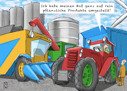 Cartoon: Hof (medium) by Jan Rieckhoff tagged bauer,hof,bauernhof,farm,farmer,landwirt,landwirtschaft,landwirtschaftsbetrieb,landbau,landmaschinen,maschinenpark,trecker,maehdrescher,silo,bio,biogas,pflanzen,pflanzlich,vegetarisch,vegetarier,vegan,veganer,nahrung,natur,natuerlich,oekologisch,anbau,ackerbau,acker,feld,land,bestellen,ernten,ernte,saeen,saat,aussaat,getreide,korn,hafer,gerste,roggen,dinkel,kartoffeln,mais,rueben,witz,cartoon,comic,karikatur,zeichnung,jan,rieckhoff,bauer,hof,bauernhof,farm,farmer,landwirt,landwirtschaft,landwirtschaftsbetrieb,landbau,landmaschinen,maschinenpark,trecker,maehdrescher,silo,bio,biogas,pflanzen,pflanzlich,vegetarisch,vegetarier,vegan,veganer,nahrung,natur,natuerlich,oekologisch,anbau,ackerbau,acker,feld,land,bestellen,ernten,ernte,saeen,saat,aussaat,getreide,korn,hafer,gerste,roggen,dinkel,kartoffeln,mais,rueben,witz,cartoon,comic,karikatur,zeichnung,jan,rieckhoff