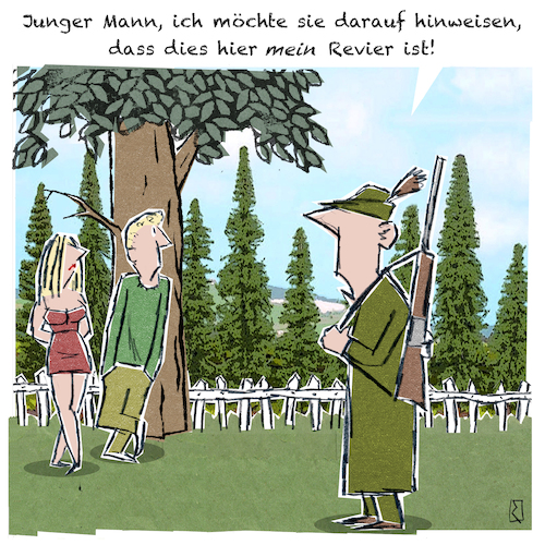 Cartoon: Jagdrevier (medium) by Jan Rieckhoff tagged förster,jäger,jagd,revier,grenze,zuständigkeit,obhut,aufsicht,eifersucht,konkurrenz,neid,jagen,liebe,mann,frau,paar,pirsch,paarung,brunft,wald,natur,wild,cartoon,comic,karikatur,witz,jan,rieckhoff,förster,jäger,jagd,revier,grenze,zuständigkeit,obhut,aufsicht,eifersucht,konkurrenz,neid,jagen,liebe,mann,frau,paar,pirsch,paarung,brunft,wald,natur,wild,cartoon,comic,karikatur,witz,jan,rieckhoff