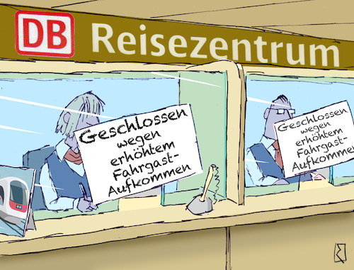 Cartoon: Reiszentrum DB (medium) by Jan Rieckhoff tagged deutsche,bahn,db,fahrplan,bahnverbindungen,stoerung,zugausfall,zugverkehr,zugbetrieb,zugverbindung,schienenverkehr,auskunft,reisezentrum,service,fahrplanaenderung,unzuverlaessig,probleme,verspaetung,puenktlichkeit,unpuenktlich,wetter,chaos,dauerkrise,fahrgast,warten,stress,bahnsteig,bahnhof,ausfaelle,beschwerden,witz,cartoon,comic,karikatur,jan,rieckhoff,deutsche,bahn,db,fahrplan,bahnverbindungen,stoerung,zugausfall,zugverkehr,zugbetrieb,zugverbindung,schienenverkehr,auskunft,reisezentrum,service,fahrplanaenderung,unzuverlaessig,probleme,verspaetung,puenktlichkeit,unpuenktlich,wetter,chaos,dauerkrise,fahrgast,warten,stress,bahnsteig,bahnhof,ausfaelle,beschwerden,witz,cartoon,comic,karikatur,jan,rieckhoff