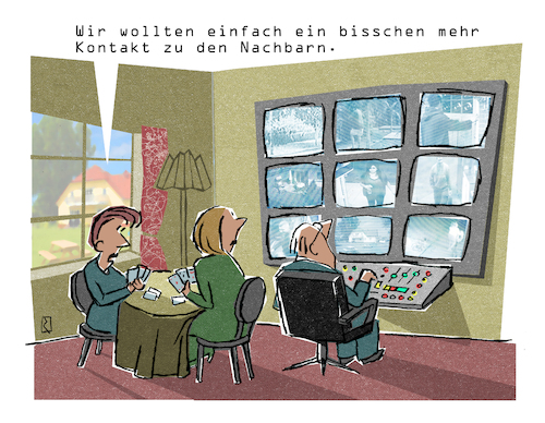 Cartoon: Überwachung (medium) by Jan Rieckhoff tagged überwachung,beobachtung,observation,privatsphäre,daten,sicherheit,video,kamera,ausspionieren,monitor,gerät,nachbarschaft,computer,big,data,cartoon,karikatur,jan,rieckhoff,überwachung,beobachtung,observation,privatsphäre,daten,sicherheit,video,kamera,ausspionieren,monitor,gerät,nachbarschaft,computer,big,data,cartoon,karikatur,jan,rieckhoff