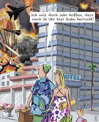 Cartoon: Urlauber (medium) by Jan Rieckhoff tagged urlaub,ferien,holiday,reisen,verreisen,ausland,urlaubsziel,urlaubsland,feriengebiet,erholung,ruhe,entspannung,hotel,unterkunft,buchung,unruhen,krieg,kriegsgebiet,kriegszone,konflikt,kämpfe,bomben,waffen,zerstörung,nation,land,staat,cartoon,comic,witz,karikatur,jan,rieckhoff,urlaub,ferien,holiday,reisen,verreisen,ausland,urlaubsziel,urlaubsland,feriengebiet,erholung,ruhe,entspannung,hotel,unterkunft,buchung,unruhen,krieg,kriegsgebiet,kriegszone,konflikt,kämpfe,bomben,waffen,zerstörung,nation,land,staat,cartoon,comic,witz,karikatur,jan,rieckhoff