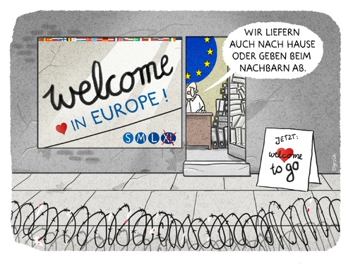 Cartoon: Wertegemeinschaft (medium) by markus-grolik tagged grolik,cartoon,haustür,lieferservice,go,to,on,welcom,humanität,europa,wertegemeinschaft,politik,türkei,deutschland,griechenland,flucht,assyl,shop,refugee,flüchtlingskrise,europe,europe,flüchtlingskrise,refugee,shop,assyl,flucht,griechenland,deutschland,türkei,politik,wertegemeinschaft,europa,humanität,welcom,on,to,go,lieferservice,haustür,cartoon,grolik