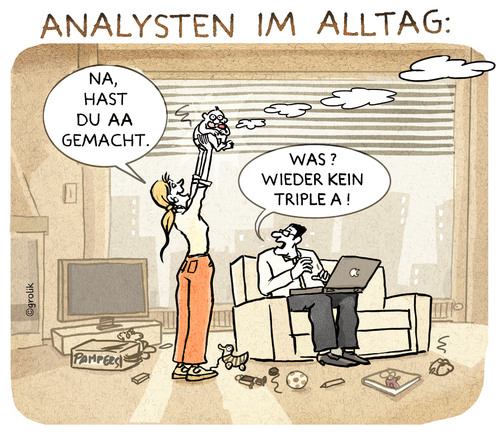 Cartoon: AA-Rating (medium) by markus-grolik tagged bankenwahnsinn,banken,bank,geld,kreditwuerdigkeit,kredit,herabstufen,index,jones,dow,dax,cartoon,grolik,triple,aa,analysten,analyst,analyse,boerse,aktien,aktie,rating