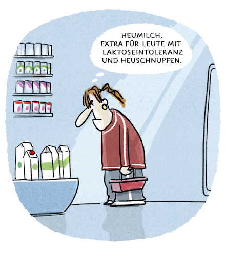 Cartoon: ...Allergien... (medium) by markus-grolik tagged milch,supermarkt,lebensmittel,allergie,heuschnupfen,heumilch,laktose,zivilisationskrankheit,konsum,milch,supermarkt,lebensmittel,allergie,heuschnupfen,heumilch,laktose,zivilisationskrankheit,konsum