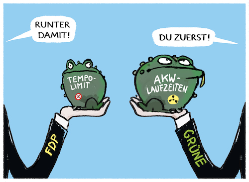 Cartoon: Ampel vorm Krötenschlucken (medium) by markus-grolik tagged deutschland,spd,bundesregierung,koalition,habeck,lindner,laufzeitverlaengergung,atomenergie,gaskrise,energie,energiekrise,ampel,tempolimit,fdp,gruene,akwlaufzeiten,deutschland,spd,bundesregierung,koalition,habeck,lindner,laufzeitverlaengergung,atomenergie,gaskrise,energie,energiekrise,ampel,tempolimit,fdp,gruene,akwlaufzeiten