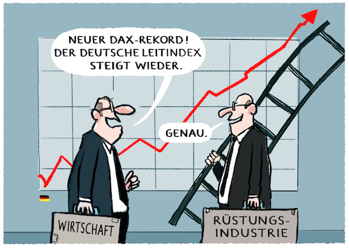 Cartoon: An der Börse... (medium) by markus-grolik tagged boerse,dax,leitzins,deutschland,frankfurt,index,gewinne,ruestungsindustrie,aktien,aktie,wirtschaft,finanzen,krieg,aufruestung,militär,bundeswehr,boerse,dax,leitzins,deutschland,frankfurt,index,gewinne,ruestungsindustrie,aktien,aktie,wirtschaft,finanzen,krieg,aufruestung,militär,bundeswehr