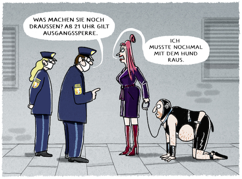 Cartoon: Ausnahmen... (medium) by markus-grolik tagged corona,pandemie,ausgangssperre,hundebesitzer,lockdown,ausnahmen,party,treffen,rotlichtmilieu,gassi,domiina,freier,kunde,corona,pandemie,ausgangssperre,hundebesitzer,lockdown,ausnahmen,party,treffen,rotlichtmilieu,gassi,domiina,freier,kunde