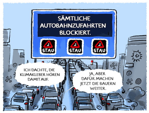 Cartoon: Bauernblockaden... (medium) by markus-grolik tagged bauern,landwirte,proteste,blockade,stau,verkehr,verkehrsbehinderungen,noetigungen,pendler,autobahnen,klimakleber,deutschland,bauern,landwirte,proteste,blockade,stau,verkehr,verkehrsbehinderungen,noetigungen,pendler,autobahnen,klimakleber,deutschland