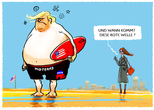 Cartoon: Beach-Donald (medium) by markus-grolik tagged republikaner,demokraten,kongress,senat,midterms,donald,trump,melania,praesident,kandidatur,rote,welle,usa,republikaner,demokraten,kongress,senat,midterms,donald,trump,melania,praesident,kandidatur,rote,welle,usa