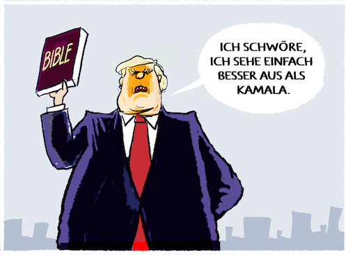 Cartoon: Bible Belt Trump... (medium) by markus-grolik tagged trump,wahlkampf,bible,bibel,donald,republikaner,harris,kamala,demokraten,us,trump,wahlkampf,bible,bibel,donald,republikaner,harris,kamala,demokraten,us