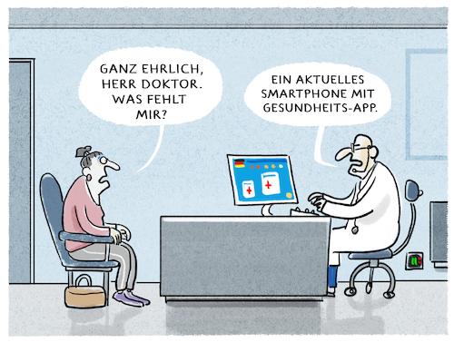 Cartoon: ...Diagnose... (medium) by markus-grolik tagged verschreiben,app,arzt,digitalisierung,apple,huawei,samsung,diagnose,patient,kassenpatient,alter,alt,technik,smartphone,smartfon,gesundheitswesen,krank,online,verschreiben,app,arzt,digitalisierung,apple,huawei,samsung,diagnose,patient,kassenpatient,alter,alt,technik,smartphone,smartfon,gesundheitswesen,krank,online