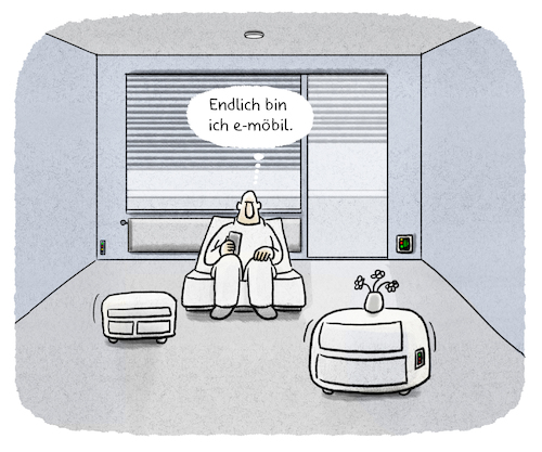 Cartoon: ...E-Utopie... (medium) by markus-grolik tagged verkehr,mobilität,möbel,mobil,elektrisch,digital,indoor,stau,verkehr,mobilität,möbel,mobil,elektrisch,digital,indoor,stau