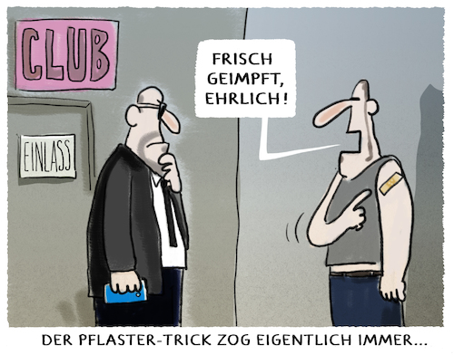 Cartoon: Einlasskontrolle... (medium) by markus-grolik tagged pflastertrick,2g,3g,geimpft,genesen,tuersteher,einlass,kontrolle,konzerte,restaurants,hausrecht,pflastertrick,2g,3g,geimpft,genesen,tuersteher,einlass,kontrolle,konzerte,restaurants,hausrecht