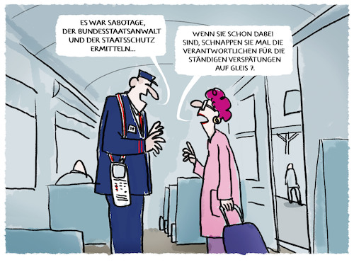 Cartoon: Ermittlungen... (medium) by markus-grolik tagged sabotage,staatsschutz,infrastruktur,deutsche,bahn,zugausfall,verspaetungen,insider,anschlag,sabotage,staatsschutz,infrastruktur,deutsche,bahn,zugausfall,verspaetungen,insider,anschlag