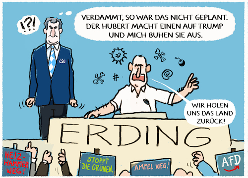 Cartoon: Heizdemo in Erding (medium) by markus-grolik tagged markus,soeder,hubert,aiwanger,csu,bayern,freie,waehler,landtagswahlen,wahlkampf,waermepumpe,afd,demonstration,populismus,ampel,berlin,heizgesetz,heizung,markus,soeder,hubert,aiwanger,csu,bayern,freie,waehler,landtagswahlen,wahlkampf,waermepumpe,afd,demonstration,populismus,ampel,berlin,heizgesetz,heizung