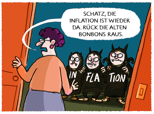 Cartoon: Inflation meldet sich zurück (medium) by markus-grolik tagged verbraucher,inflation,deutschland,konsum,preise,preissteigerungen,loehne,wirtschaft,verbraucherpreise,verbraucher,inflation,deutschland,konsum,preise,preissteigerungen,loehne,wirtschaft,verbraucherpreise