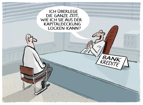 Cartoon: Kapitaldeckung... (medium) by markus-grolik tagged kredit,ueberziehungszinsen,girokonto,dispo,banken,sparkassen,sparer,kapital,kapitaldeckung,geschaeftsmodell,minuszins,negativzins,schulden,verschuldung,kredit,ueberziehungszinsen,girokonto,dispo,banken,sparkassen,sparer,kapital,kapitaldeckung,geschaeftsmodell,minuszins,negativzins,schulden,verschuldung