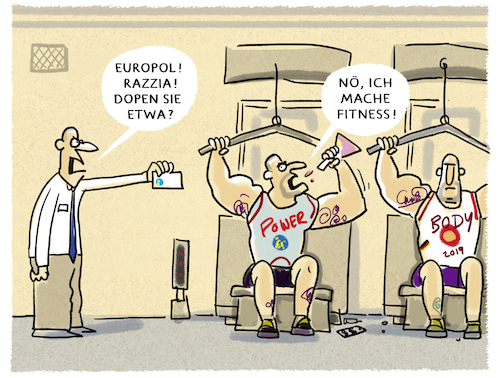 Cartoon: ...Kleinkontrolle... (medium) by markus-grolik tagged viribus,doping,steroidpulver,freizeitsportler,sport,fitness,studio,body,muskelaufbau,geschlechter,maennlichkeitsideal,koerperkult,maskulin,europaweite,razzia,viribus,doping,steroidpulver,freizeitsportler,sport,fitness,studio,body,muskelaufbau,geschlechter,maennlichkeitsideal,koerperkult,maskulin,europaweite,razzia