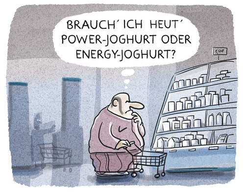 Cartoon: Tagesform (medium) by markus-grolik tagged grolik,cartoon,energie,power,supermarkt,einkauf,geld,konsum,entscheidung,joghurt,joghurt,entscheidung,konsum,geld,einkauf,supermarkt,power,energie,cartoon,grolik