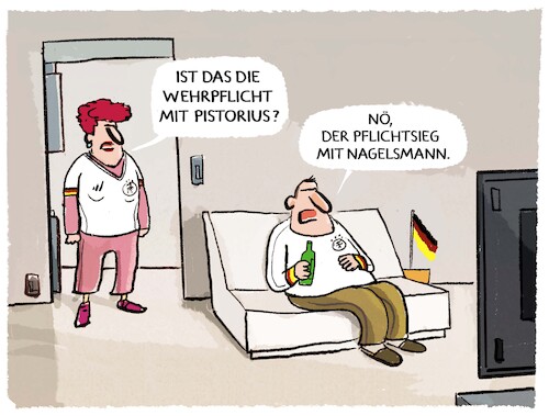 Cartoon: Landesverteidigung .. (medium) by markus-grolik tagged wehrpflicht,musterung,armee,landesverteidigung,deutschland,wehrtuechtig,pistorius,verteidigung,em,fussball,nationalmannschaft,nagelsmann,dfb,pflichtsieg,wehrpflicht,musterung,armee,landesverteidigung,deutschland,wehrtuechtig,pistorius,verteidigung,em,fussball,nationalmannschaft,nagelsmann,dfb,pflichtsieg