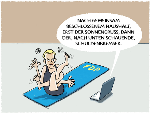 Cartoon: Lindner Yoga.. (medium) by markus-grolik tagged lindner,fdp,ampel,haushalt,gutachten,bundeshaushalt,deutschland,scholz,spd,grüne,sozialausgaben,lindner,fdp,ampel,haushalt,gutachten,bundeshaushalt,deutschland,scholz,spd,grüne,sozialausgaben