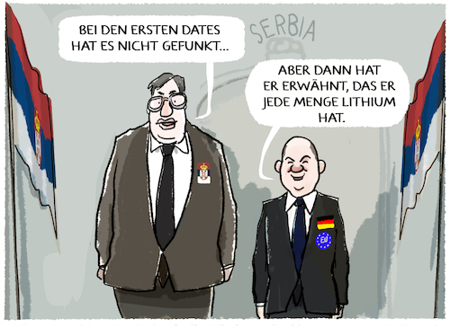 Cartoon: Lithium Deal mit Vucic... (medium) by markus-grolik tagged deal,serbien,balkan,autoindustrie,eu,europa,mitgliedschaft,deutschland,autobatterie,vucic,scholz,elektroauto,deal,serbien,balkan,autoindustrie,eu,europa,mitgliedschaft,deutschland,autobatterie,vucic,scholz,elektroauto