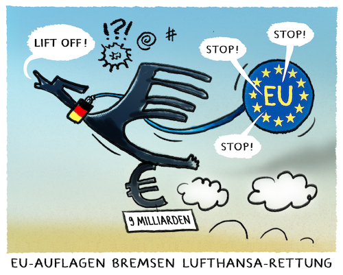 Cartoon: Lufthansa (medium) by markus-grolik tagged corona,pandemie,lufthansa,rettung,staatshilfe,fluggesellschaft,kommission,eu,subvention,berlin,groko,deutschland,wettbewerbsvorteil,corona,pandemie,lufthansa,rettung,staatshilfe,fluggesellschaft,kommission,eu,subvention,berlin,groko,deutschland,wettbewerbsvorteil