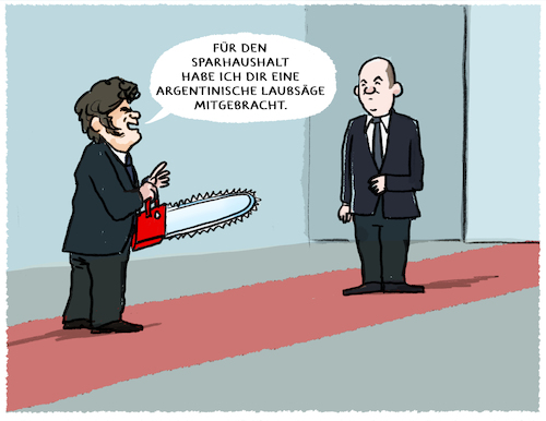 Cartoon: Milei auf Besuch... (medium) by markus-grolik tagged argentinien,praesident,milei,olaf,scholz,ampel,deutschland,staatsbesuch,kettensaege,sozialstaat,kuerzungen,sparhaushalt,sparen,fdp,finanzen,laubsaege,argentinien,praesident,milei,olaf,scholz,ampel,deutschland,staatsbesuch,kettensaege,sozialstaat,kuerzungen,sparhaushalt,sparen,fdp,finanzen,laubsaege