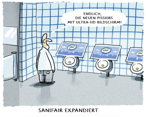 Cartoon: ...Fortschrittsmonopol... (medium) by markus-grolik tagged sanifair,bildschirm,expansion,pissior,tankstelle,wc,geld,wirtschaft,sanifair,bildschirm,expansion,pissior,tankstelle,wc,geld,wirtschaft