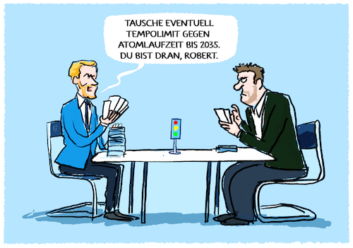 Cartoon: Neuer Atomampelpoker in Sicht... (medium) by markus-grolik tagged akw,fdp,lindner,habeck,ampel,interview,tempolimit,laufzeitverlaengerung,gruene,markenkern,partei,akw,fdp,lindner,habeck,ampel,interview,tempolimit,laufzeitverlaengerung,gruene,markenkern,partei