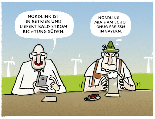 Cartoon: Nordsüdgefälle (medium) by markus-grolik tagged nordlink,stromtrasse,süden,deutschland,energieversorgung,norden,norwegen,energiewende,klimawandel,klima,strom,nordlink,stromtrasse,süden,deutschland,energieversorgung,norden,norwegen,energiewende,klimawandel,klima,strom