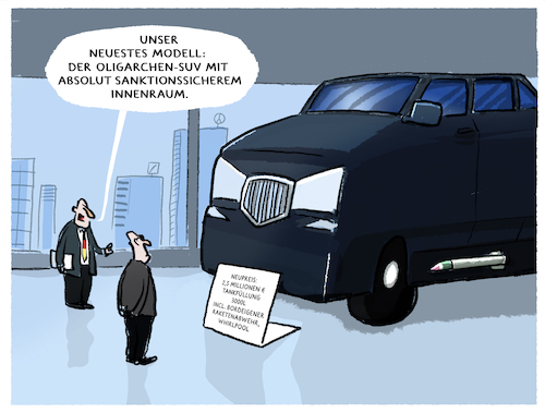 Cartoon: Premium-Segment (medium) by markus-grolik tagged suv,auto,autoindustrie,oligarchen,sanktionen,russland,ukrainekrieg,luxus,reichtum,premiumsegment,deutschland,verkehrswende,mobilitaet,suv,auto,autoindustrie,oligarchen,sanktionen,russland,ukrainekrieg,luxus,reichtum,premiumsegment,deutschland,verkehrswende,mobilitaet