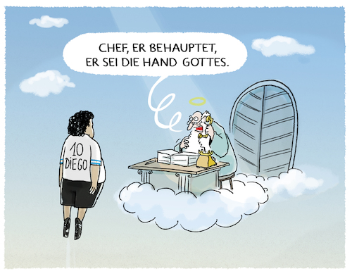 Cartoon: RIP Maradona (medium) by markus-grolik tagged maradona,diego,fussball,fussballgott,argentien,weltmeister,hand,gottes,handspiel,maradona,diego,fussball,fussballgott,argentien,weltmeister,hand,gottes,handspiel