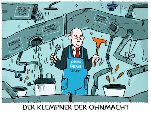 Cartoon: Scholz Krisenmanagement.. (medium) by markus-grolik tagged scholz,deutschland,schuldenbremse,schattenhaushalt,haushaltsloch,bundeshaushalt,2024,nachtragshaushalt,finanzierung,ampel,spd,gruene,fdp,union,merz,klempner,macht,illustration,karikatur,kanzler,haushalt,regierung,scholz,deutschland,schuldenbremse,schattenhaushalt,haushaltsloch,bundeshaushalt,2024,nachtragshaushalt,finanzierung,ampel,spd,gruene,fdp,union,merz,klemptner,macht