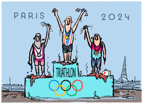 Cartoon: Dabei Seine ist alles... (medium) by markus-grolik tagged olympia,triathlon,freiwasserschwimmen,finale,siegerehrung,umwelt,verschmutzung,kanalisation,paris,seine,keime,grenzwerte,ioc,olympia,triathlon,freiwasserschwimmen,finale,siegerehrung,umwelt,verschmutzung,kanalisation,paris,seine,keime,grenzwerte,ioc