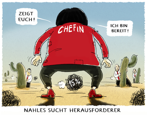 Cartoon: SPD-Showdown... (medium) by markus-grolik tagged spd,nahles,andrea,parteivorsitz,berlin,wahlergebnis,volkspartei,groko,schulz,gabriel,scholz,deutschland,europa,barley,regierung,merkel,spd,nahles,andrea,parteivorsitz,berlin,wahlergebnis,volkspartei,groko,schulz,gabriel,scholz,deutschland,europa,barley,regierung,merkel