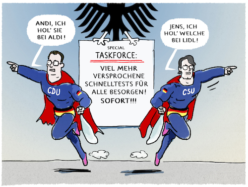 Cartoon: Specialforces... (medium) by markus-grolik tagged taskforce,schnelltests,discounter,bund,scheuer,spahn,taskforce,schnelltests,discounter,bund,scheuer,spahn