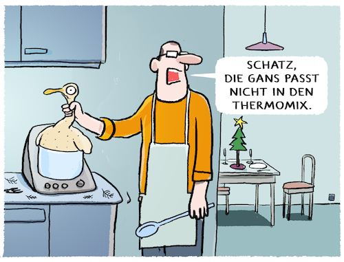 Cartoon: Thermomix-X-Mas (medium) by markus-grolik tagged küche,thermomix,weihnachtsgans,gans,kochen,mann,frau,hausmann,festtagsbraten,vegan,fleischlos,xmas,weihnachten,feiertag,essen,tier,mensch,fleisch,nahrung,ernährung,technik,küche,thermomix,weihnachtsgans,gans,kochen,mann,frau,hausmann,festtagsbraten,vegan,fleischlos,xmas,weihnachten,feiertag,essen,tier,mensch,fleisch,nahrung,ernährung,technik