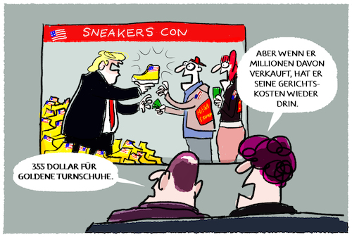 Cartoon: Trump-sneaker sell-out (medium) by markus-grolik tagged trump,usa,us,praesident,donald,new,york,355,millionen,dollar,strafe,strafzahlung,betrugsprozess,bundesstaat,republikaner,schuhe,sneaker,con,never,surrender,high,top,wahlwerbung,trump,usa,us,praesident,donald,new,york,355,millionen,dollar,strafe,strafzahlung,betrugsprozess,bundesstaat,republikaner,schuhe,sneaker,con,never,surrender,high,top,wahlwerbung