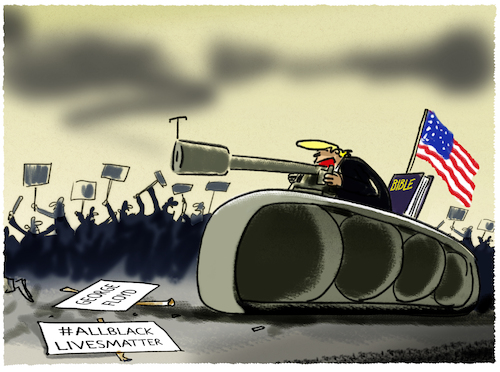 Cartoon: Trump droht mit Militäreinsatz.. (medium) by markus-grolik tagged militaer,trump,usa,proteste,rassismus,buerger,praesident,panzer,demonstration,demonstranten,gewalt,illustration,karikatur,militaereinsatz,militaer,trump,usa,proteste,rassismus,buerger,praesident,panzer,demonstration,demonstranten,gewalt,illustration,karikatur,militaereinsatz