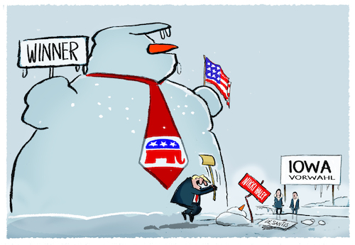 Cartoon: Trump in IOWA.. (medium) by markus-grolik tagged donald,trump,republikaner,vorwahl,iowa,usa,caucus,nikki,haley,ron,de,santis,wahlkampf,kandidat,praesidentschaft,vorwahlkampf,nominierung,vereinigte,staaten,donald,trump,republikaner,vorwahl,iowa,usa,caucus,nikki,haley,ron,de,santis,wahlkampf,kandidat,praesidentschaft,vorwahlkampf,nominierung,vereinigte,staaten