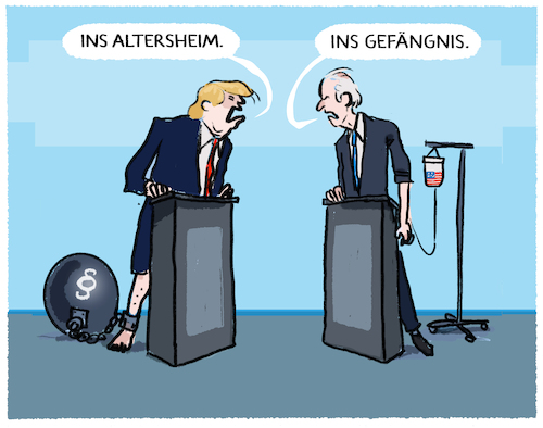 Cartoon: TV-Duell (medium) by markus-grolik tagged biden,trump,usa,wahlkampf,tv,duell,wahl,praesident,praesidentschaft,biden,trump,usa,wahlkampf,tv,duell,wahl,praesident,praesidentschaft