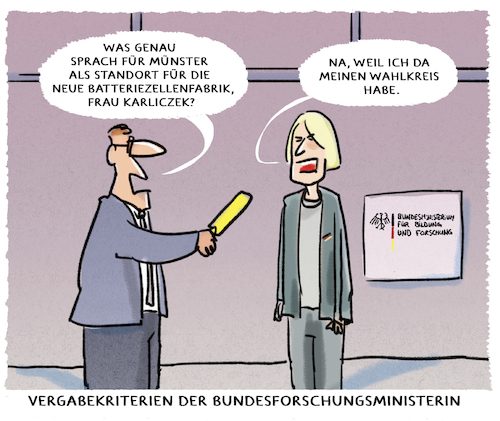 Cartoon: ...Ulm schaut in die Röhre... (medium) by markus-grolik tagged forschungsministerin,karliczek,bmbf,batteriezellenforschung,ulm,muenster,batteriefabrik,vergabekriterien,forschungsministerin,karliczek,bmbf,batteriezellenforschung,ulm,muenster,batteriefabrik,vergabekriterien