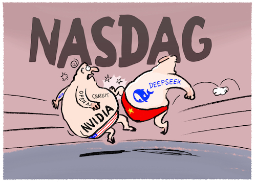 Cartoon: US-Tech-Aktien stürzen ab... (medium) by markus-grolik tagged nasdag,google,llama,meta,nvidia,börse,open,ai,chatgpt,ki,startup,china,deepseek,usa,maga,trump,kuenstliche,intelligenz,nasdag,google,llama,meta,nvidia,börse,open,ai,chatgpt,ki,startup,china,deepseek,usa,maga,trump,kuenstliche,intelligenz