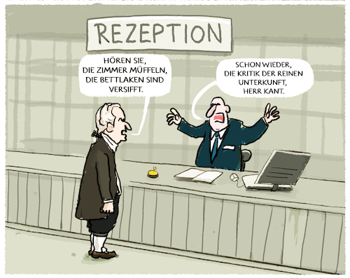 Cartoon: Vernunft der Unterkunft... (medium) by markus-grolik tagged kant,vernunft,aufklärung,rationalismus,unterkunft,hotel,zimmer,lobby,rezeption,beschwerde,mmanuel,kant,vernunft,aufklärung,rationalismus,unterkunft,hotel,zimmer,lobby,rezeption,beschwerde,mmanuel