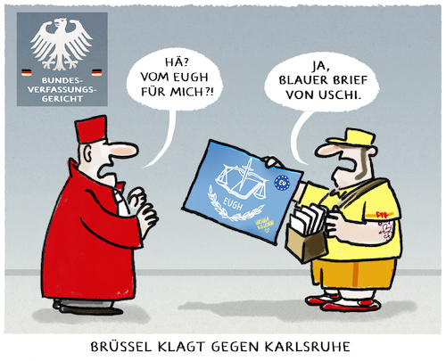 Cartoon: Vertragsverletzungsverfahren.. (medium) by markus-grolik tagged vertragsverletzungsverfahren,bundesverfassungsgericht,eugh,europa,deutschland,nationales,recht,brüssel,karlsruhe,berlin,ursula,von,der,leyen,ezb,urteil,vertragsverletzungsverfahren,bundesverfassungsgericht,eugh,europa,deutschland,nationales,recht,brüssel,karlsruhe,berlin,ursula,von,der,leyen,ezb,urteil