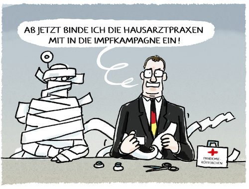 Cartoon: ..verwickelt... (medium) by markus-grolik tagged spahn,hausärzte,impfen,impfkampagne,pandemie,corona,spahn,hausärzte,impfen,impfkampagne,pandemie,corona